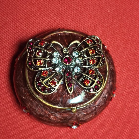 Vintage Trinket Box Burgundy Bejeweled Rhinestones Butterfly Design - Picture 4 of 12